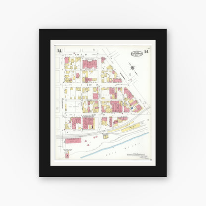 Old map wall art mockup — black gallery frame with white mat — Sanborn Fire Insurance Map from East Liverpool, Columbiana County, Ohio (1923), Sheet #0014
