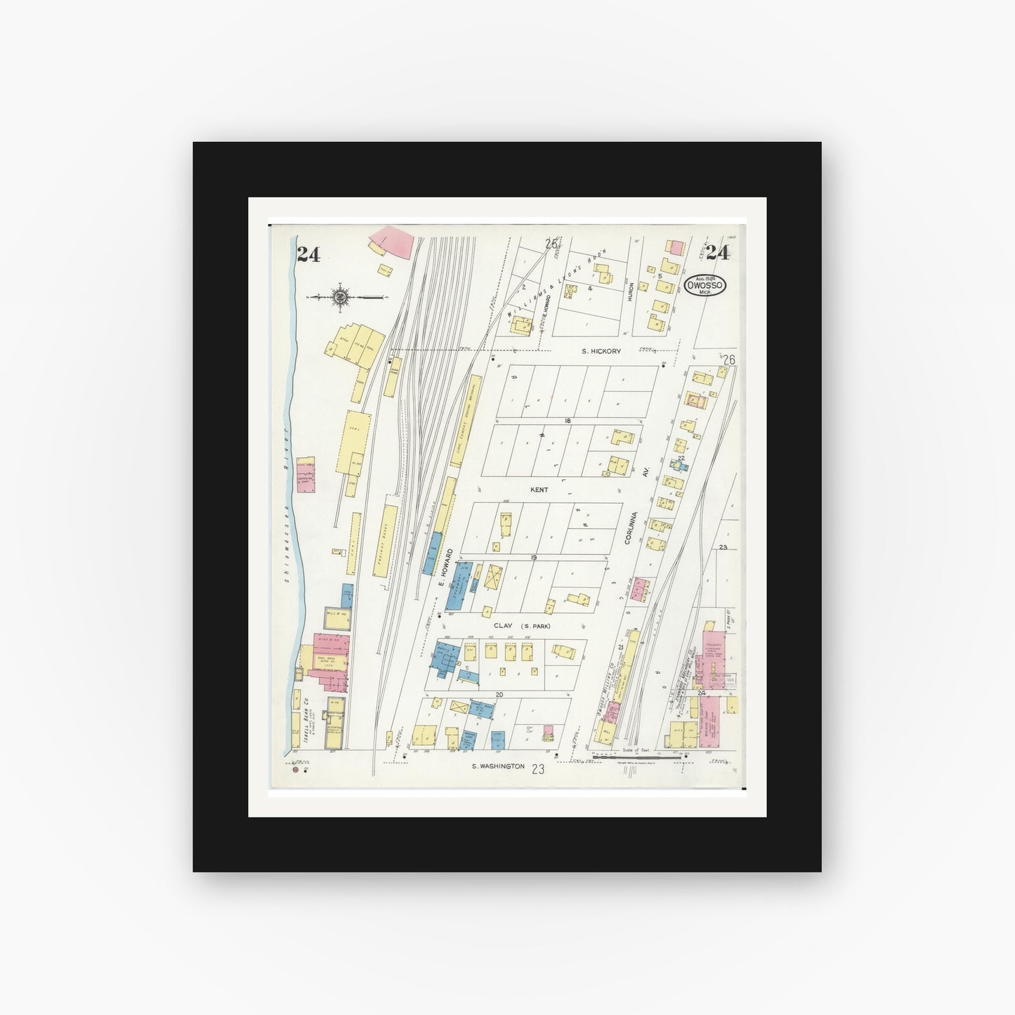Old map wall art mockup — black gallery frame with white mat — Sanborn Fire Insurance Map from Owosso, Shiawassee County, Michigan (1924), Sheet #0024