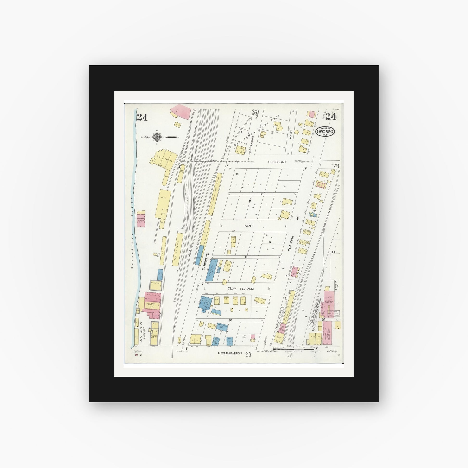 Old map wall art mockup — black gallery frame with white mat — Sanborn Fire Insurance Map from Owosso, Shiawassee County, Michigan (1924), Sheet #0024