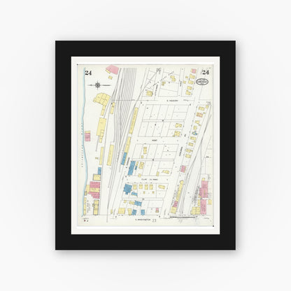 Old map wall art mockup — black gallery frame with white mat — Sanborn Fire Insurance Map from Owosso, Shiawassee County, Michigan (1924), Sheet #0024