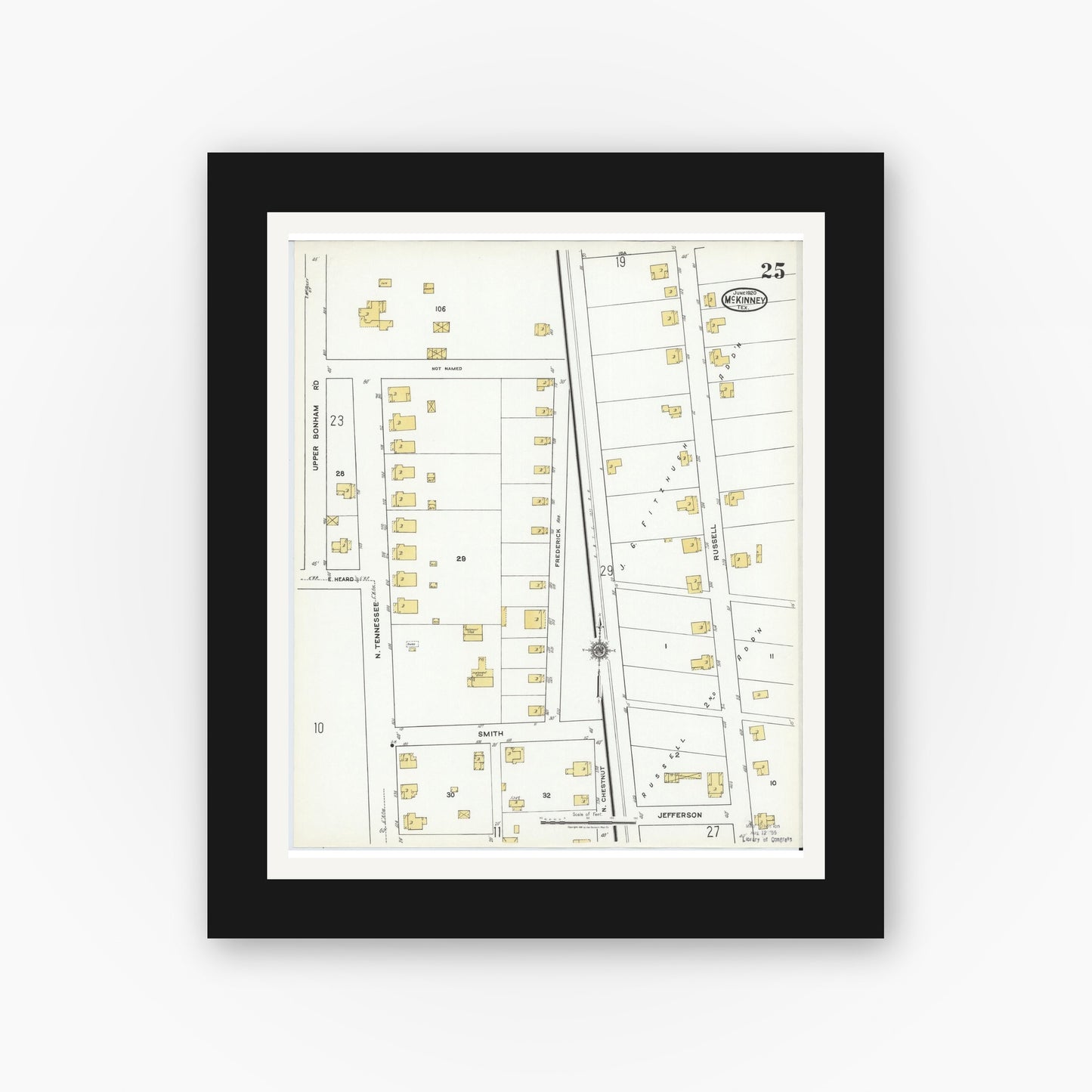 Old map wall art mockup — black gallery frame with white mat — Sanborn Fire Insurance Map from McKinney, Collin County, Texas (1920), Sheet #0025