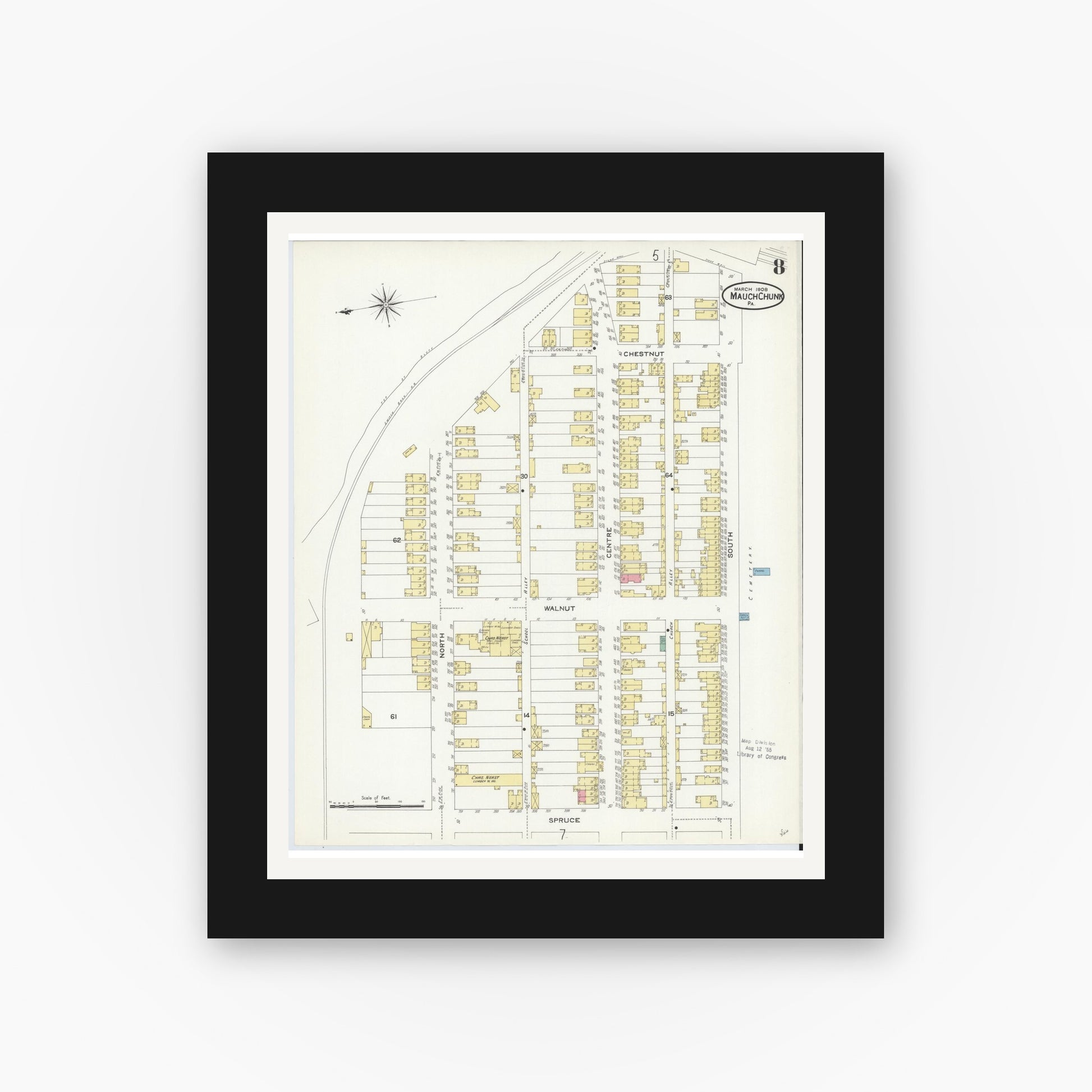 Old map wall art mockup — black gallery frame with white mat — Sanborn Fire Insurance Map from Mauch Chunk, Carbon County, Pennsylvania (1908), Sheet #0008