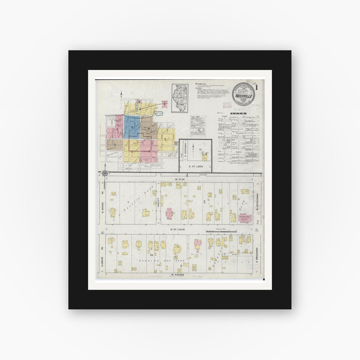 Old map wall art mockup — black gallery frame with white mat — Sanborn Fire Insurance Map from Nashville, Washington County, Illinois (1915) - Complete Map Set