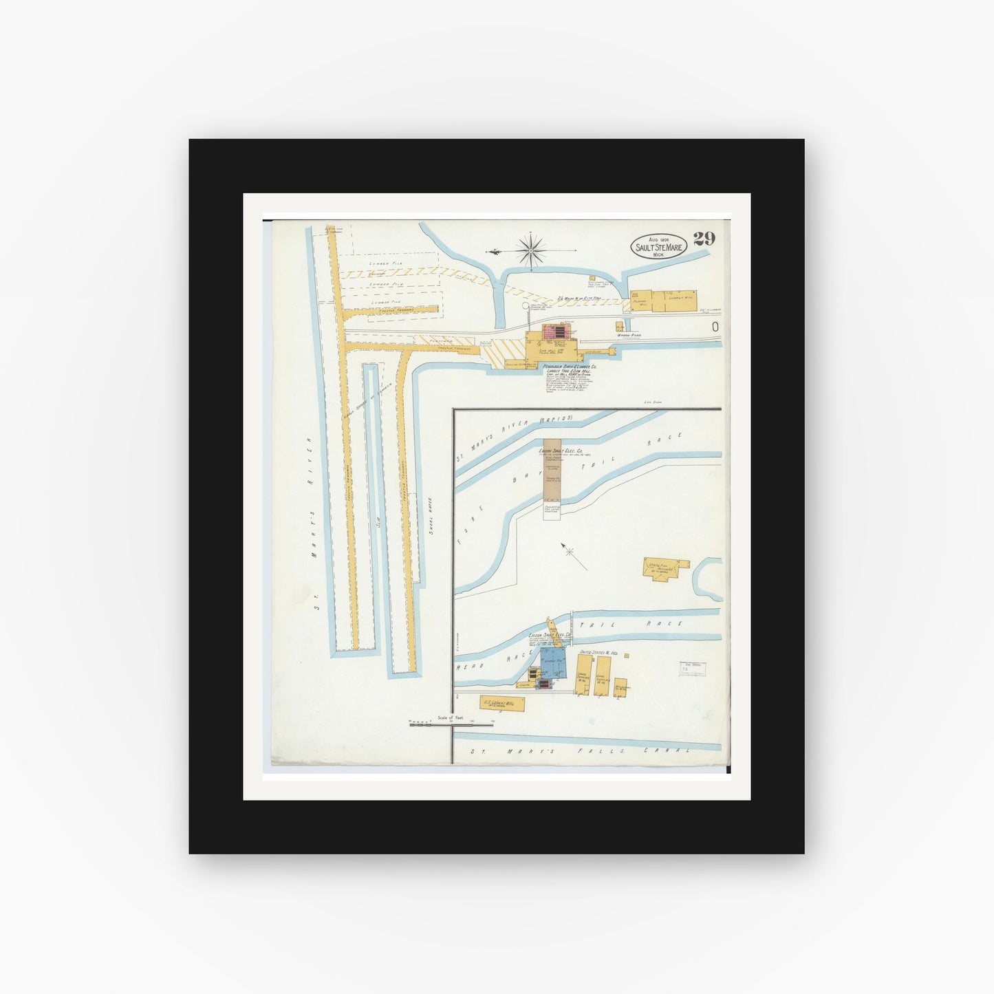 Old map wall art mockup — black gallery frame with white mat — Sanborn Fire Insurance Map from Sault Sainte Marie, Chippewa County, Michigan (1906), Sheet #0029