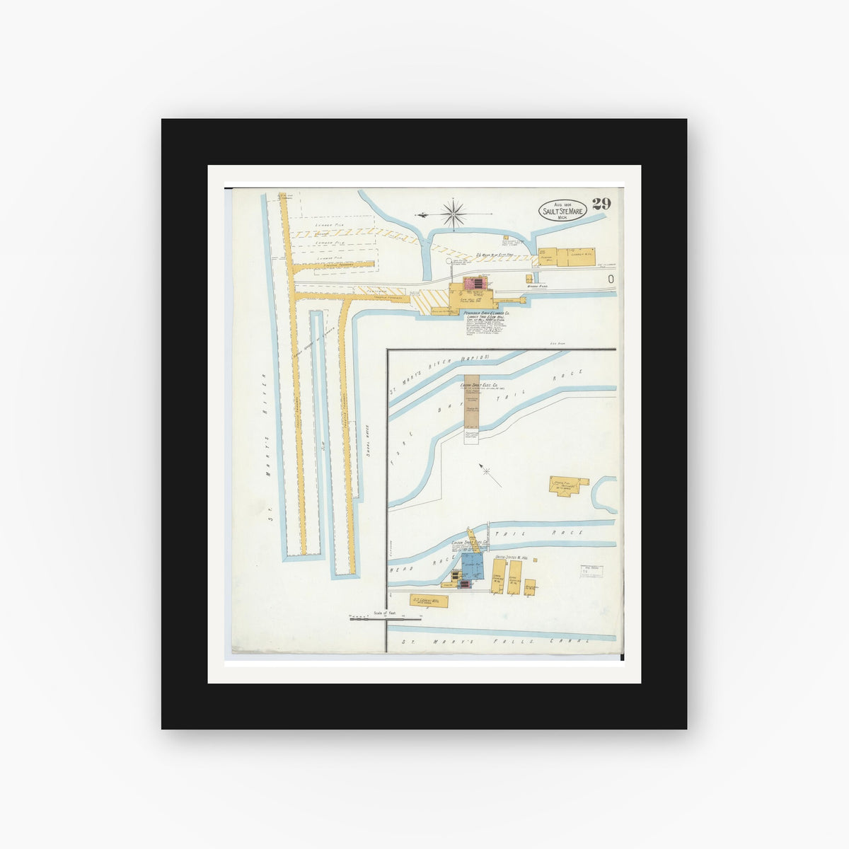 Old map wall art mockup — black gallery frame with white mat — Sanborn Fire Insurance Map from Sault Sainte Marie, Chippewa County, Michigan (1906), Sheet #0029