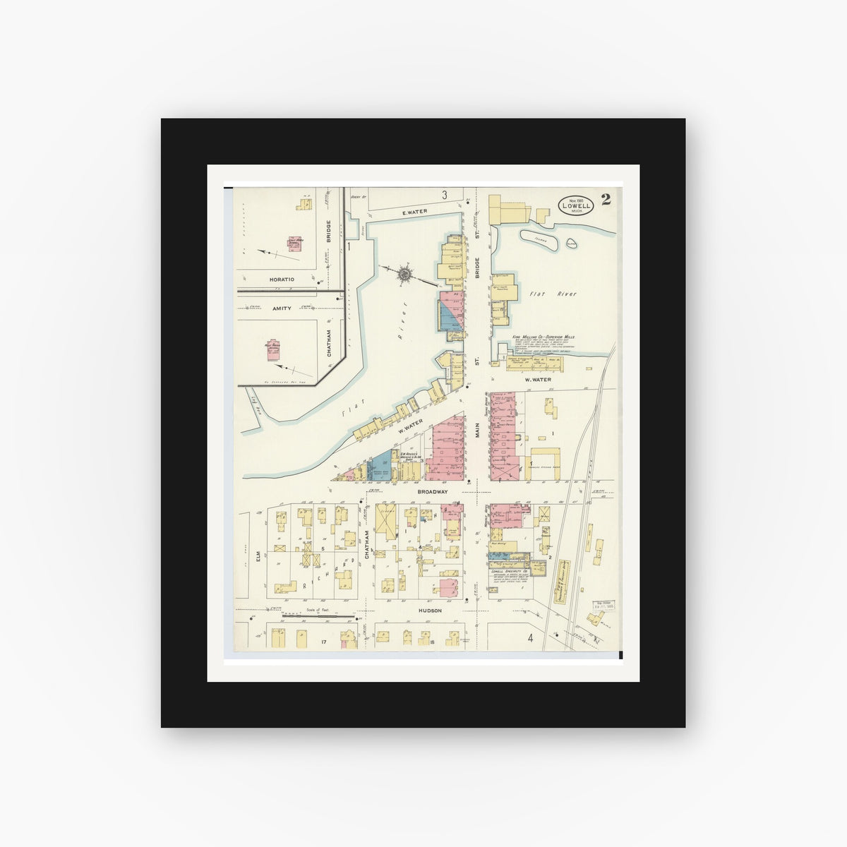 Old map wall art mockup — black gallery frame with white mat — Sanborn Fire Insurance Map from Lowell, Kent County, Michigan (1910), Sheet #0004