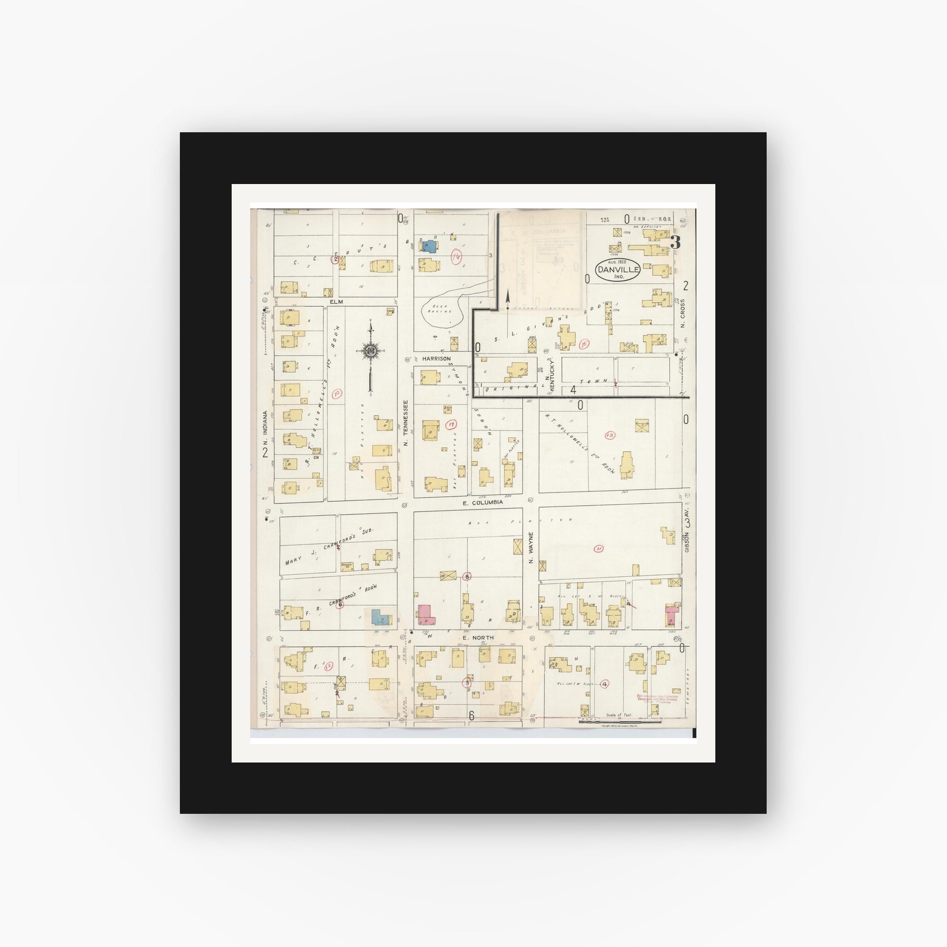 Old map wall art mockup — black gallery frame with white mat — Sanborn Fire Insurance Map from Danville, Hendricks County, Indiana (1932), Sheet #0003