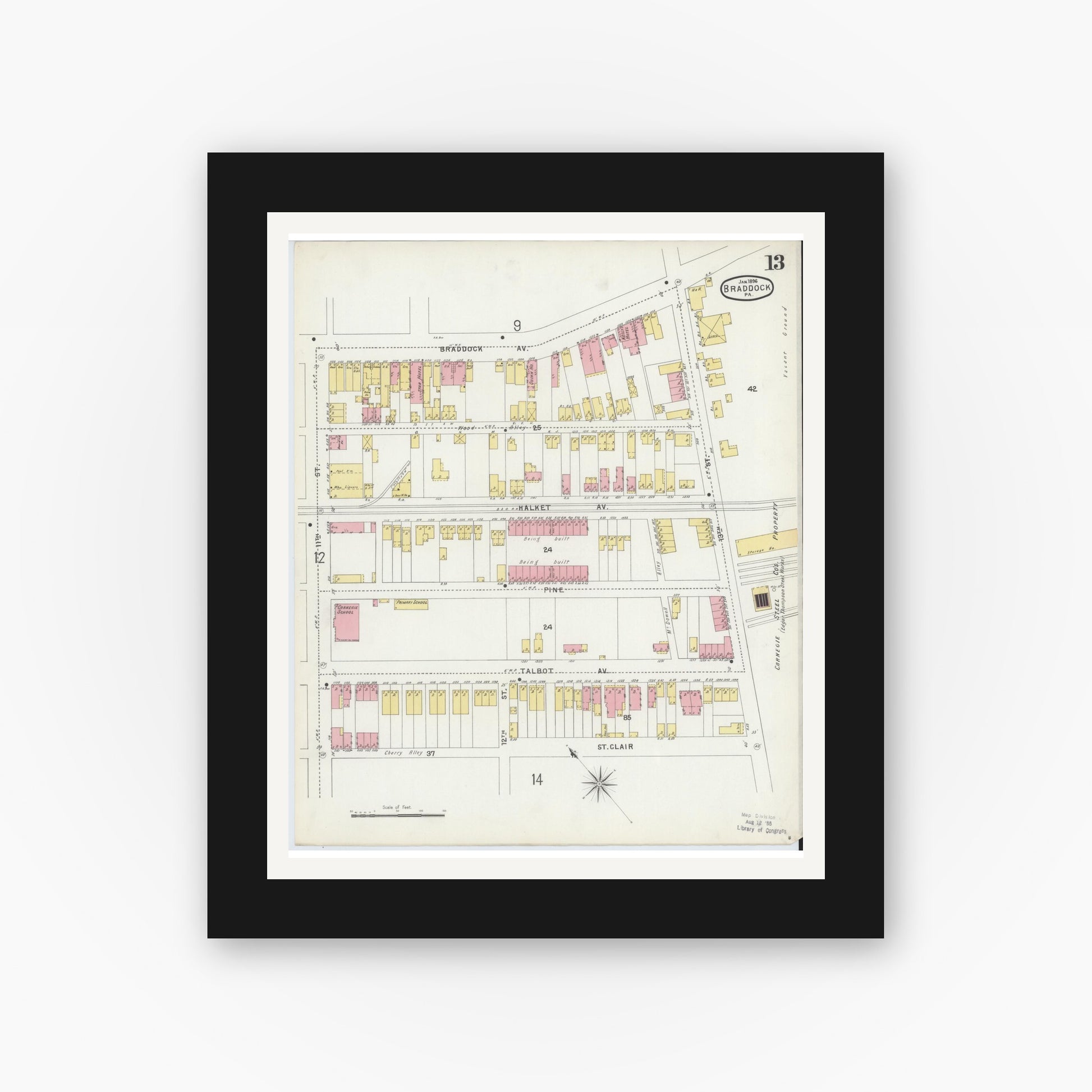 Old map wall art mockup — black gallery frame with white mat — Sanborn Fire Insurance Map from Braddock, Allegheny County, Pennsylvania (1896), Sheet #0013