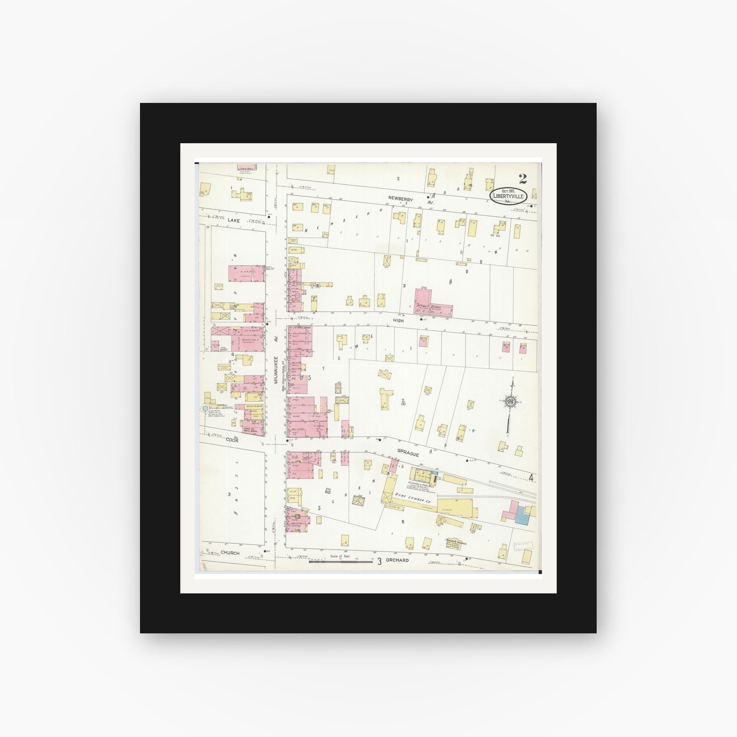 Old map wall art mockup — black gallery frame with white mat — Sanborn Fire Insurance Map from Libertyville, Lake County, Illinois (1912), Sheet #0002