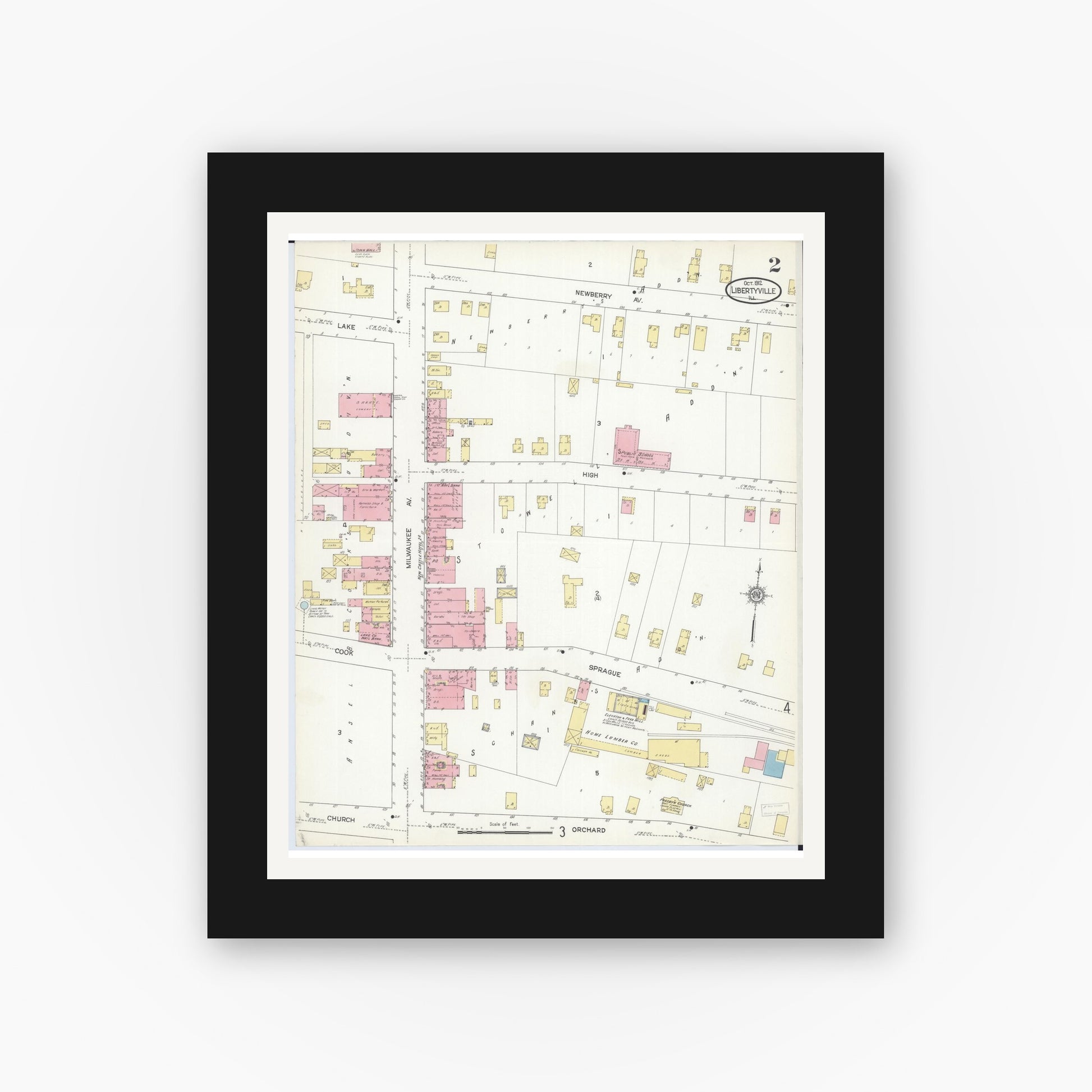 Old map wall art mockup — black gallery frame with white mat — Sanborn Fire Insurance Map from Libertyville, Lake County, Illinois (1912), Sheet #0002