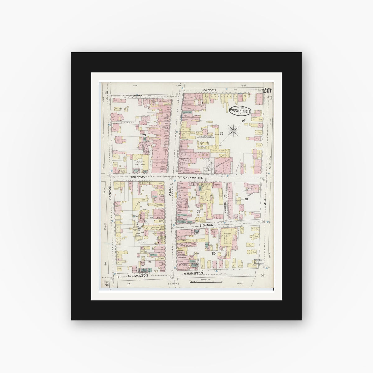 Old map wall art mockup — black gallery frame with white mat — Sanborn Fire Insurance Map from Poughkeepsie, Dutchess County, New York (1887), Sheet #0020