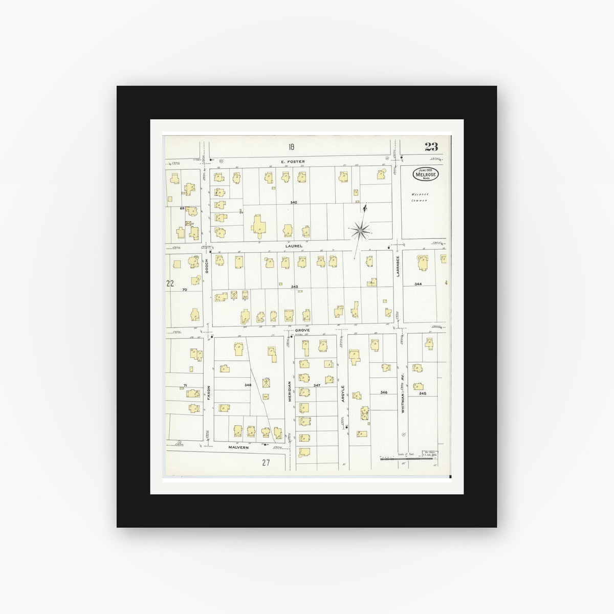 Old map wall art mockup — black gallery frame with white mat — Sanborn Fire Insurance Map from Melrose, Middlesex County, Massachusetts (1909), Sheet #0023