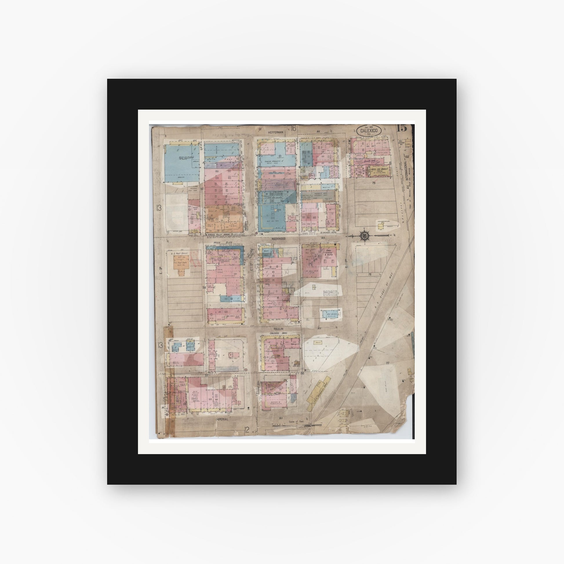 Old map wall art mockup — black gallery frame with white mat — Sanborn Fire Insurance Map from Calexico, Imperial County, California (1956), Sheet #0015