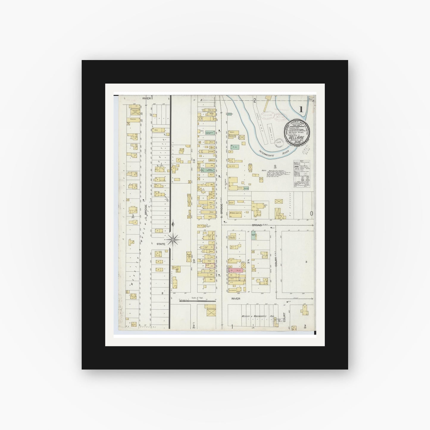 Old map wall art mockup — black gallery frame with white mat — Sanborn Fire Insurance Map from Bellaire, Antrim County, Michigan (1898), Sheet #0001