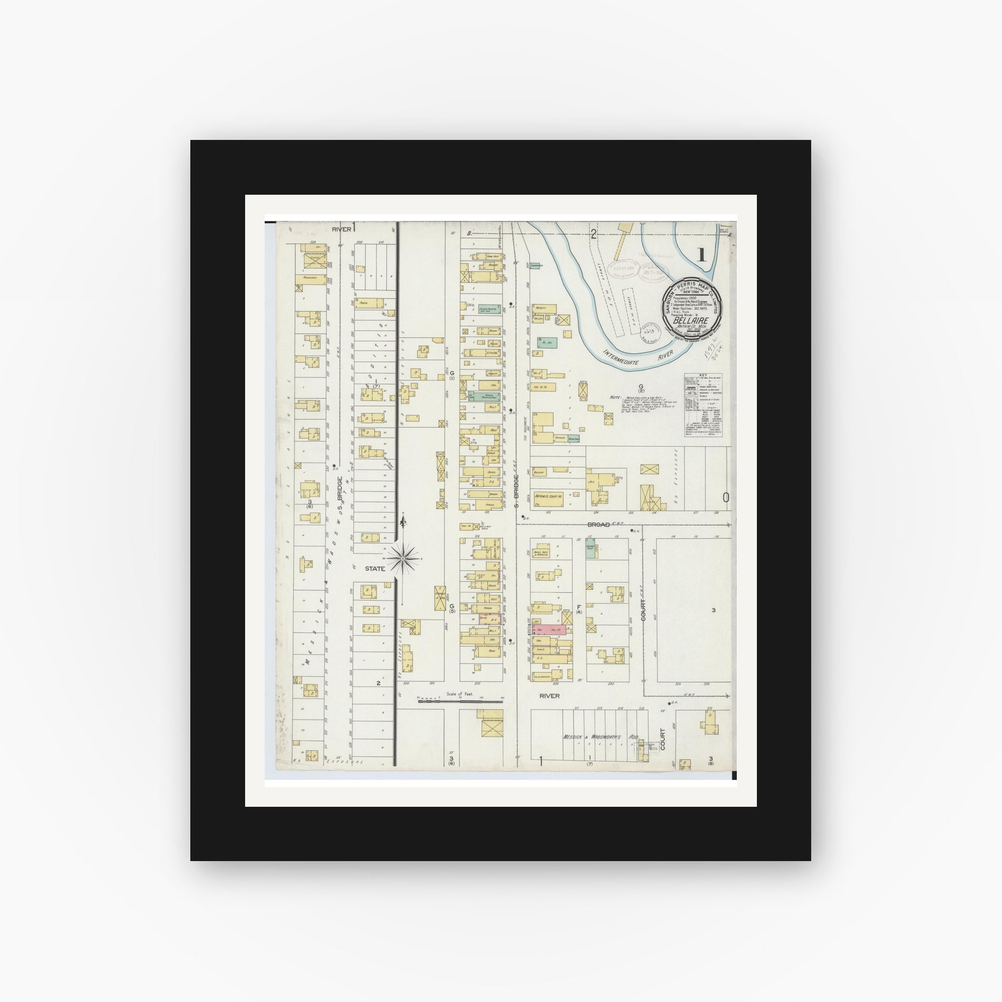 Old map wall art mockup — black gallery frame with white mat — Sanborn Fire Insurance Map from Bellaire, Antrim County, Michigan (1898), Sheet #0001