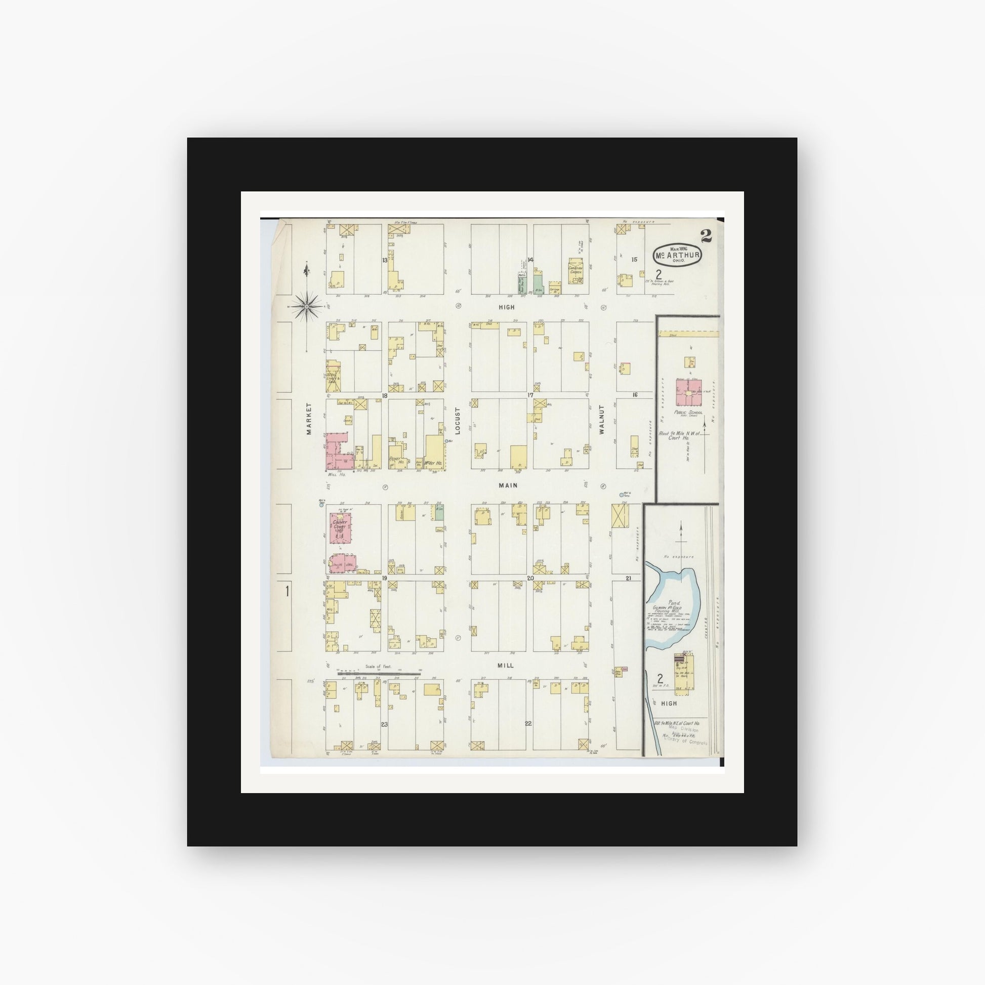 Old map wall art mockup — black gallery frame with white mat — Sanborn Fire Insurance Map from McArthur, Vinton County, Ohio (1896), Sheet #0002