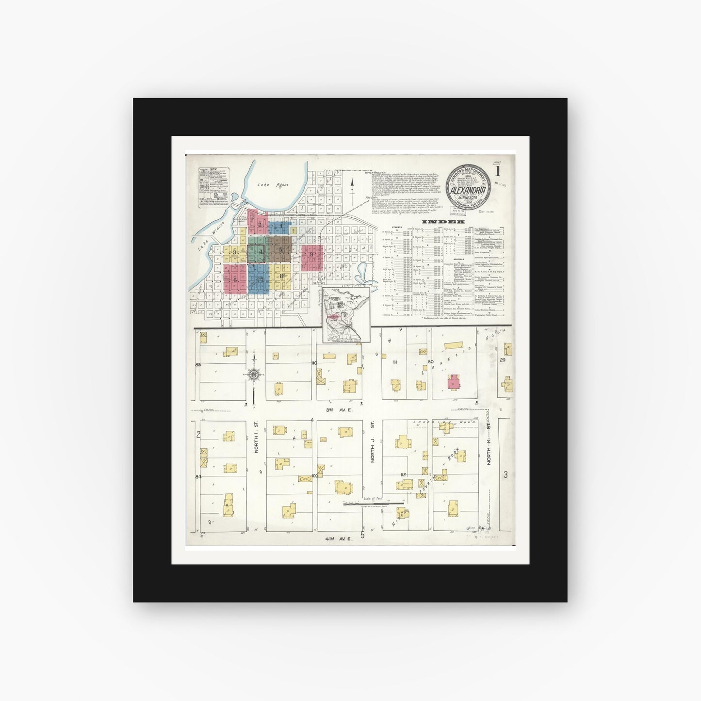 Old map wall art mockup — black gallery frame with white mat — Sanborn Fire Insurance Map from Alexandria, Douglas County, Minnesota (1922), Sheet #0001