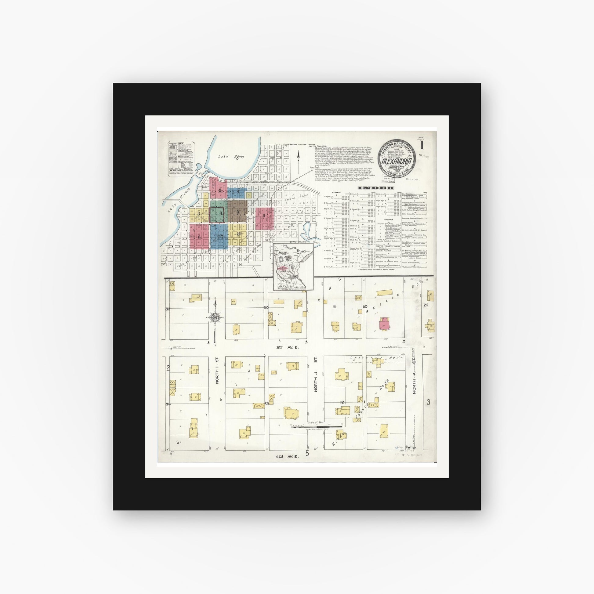 Old map wall art mockup — black gallery frame with white mat — Sanborn Fire Insurance Map from Alexandria, Douglas County, Minnesota (1922), Sheet #0001