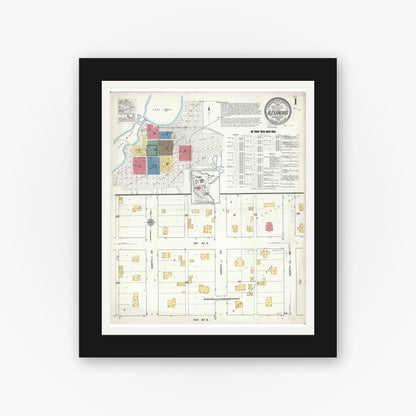 Old map wall art mockup — black gallery frame with white mat — Sanborn Fire Insurance Map from Alexandria, Douglas County, Minnesota (1922), Sheet #0001