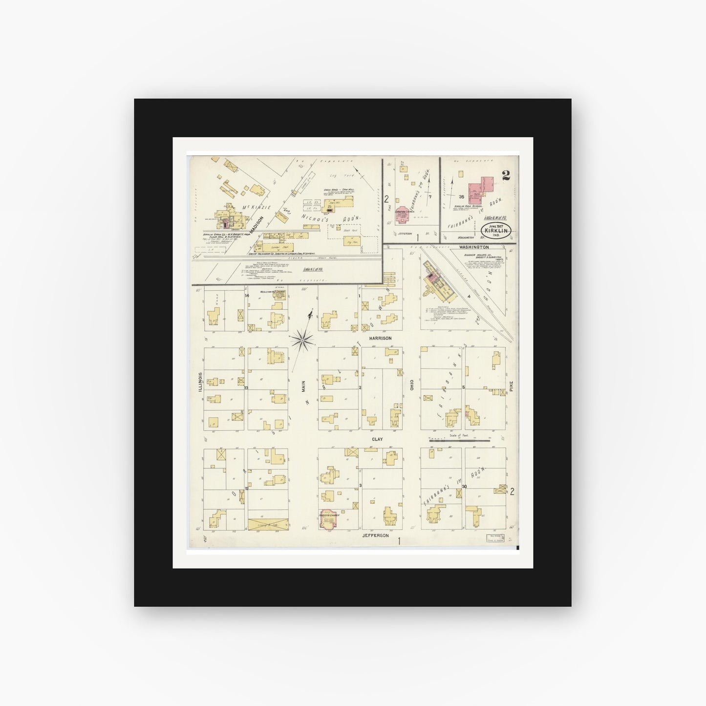 Old map wall art mockup — black gallery frame with white mat — Sanborn Fire Insurance Map from Kirklin, Clinton County, Indiana (1907), Sheet #0002