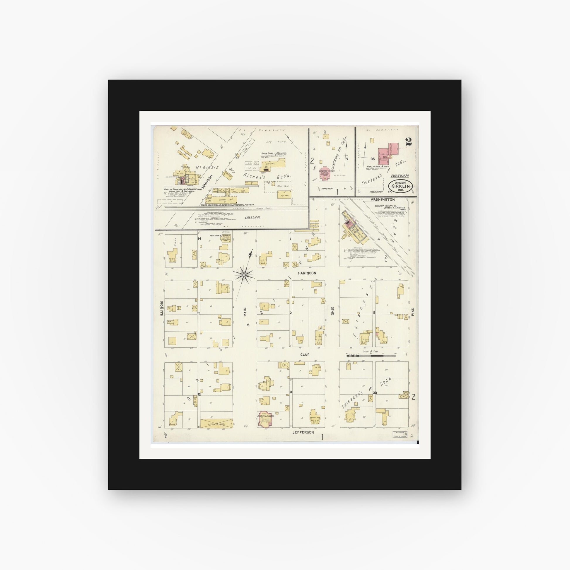 Old map wall art mockup — black gallery frame with white mat — Sanborn Fire Insurance Map from Kirklin, Clinton County, Indiana (1907), Sheet #0002