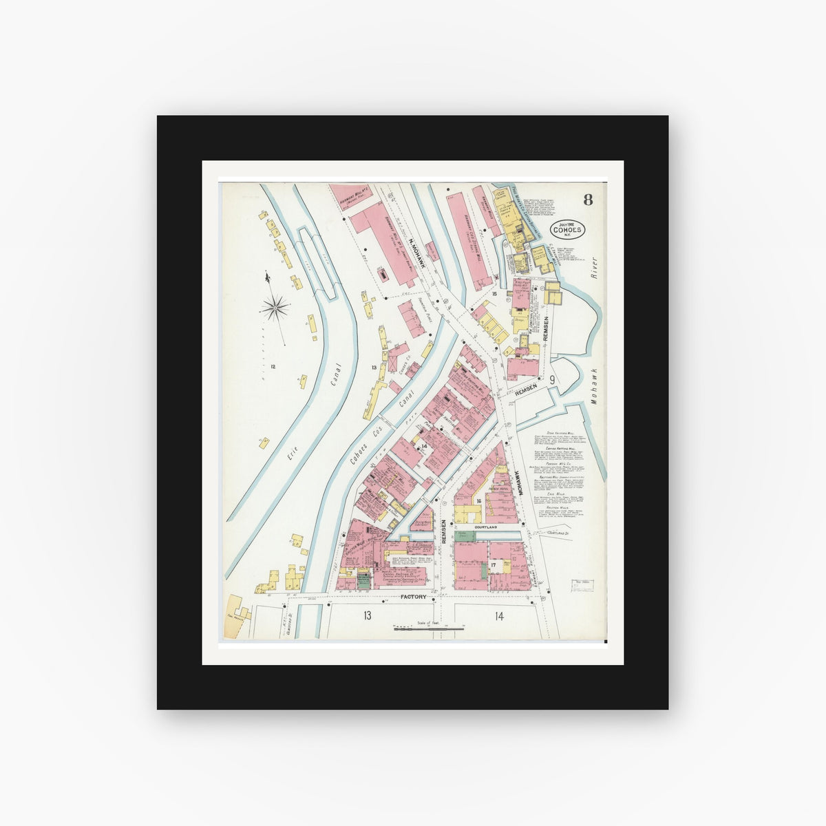 Old map wall art mockup — black gallery frame with white mat — Sanborn Fire Insurance Map from Cohoes, Albany County, New York (1902), Sheet #0008