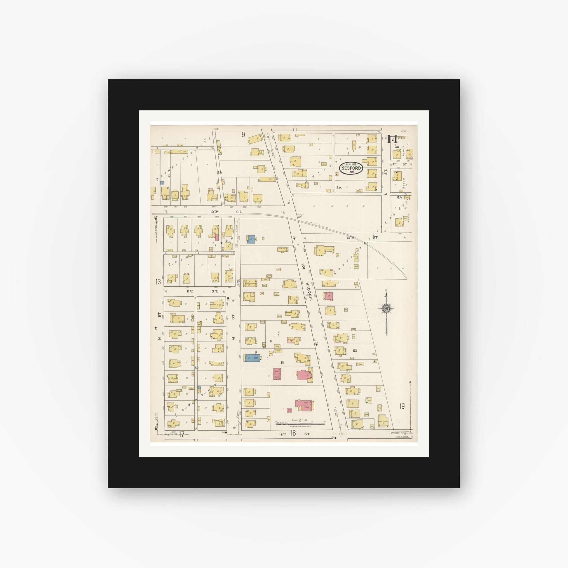 Old map wall art mockup — black gallery frame with white mat — Sanborn Fire Insurance Map from Bedford, Lawrence County, Indiana (1922), Sheet #0014