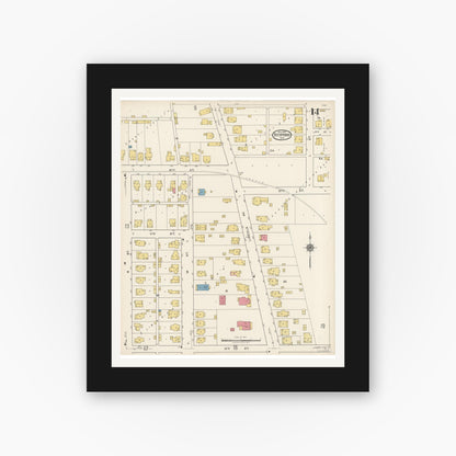 Old map wall art mockup — black gallery frame with white mat — Sanborn Fire Insurance Map from Bedford, Lawrence County, Indiana (1922), Sheet #0014