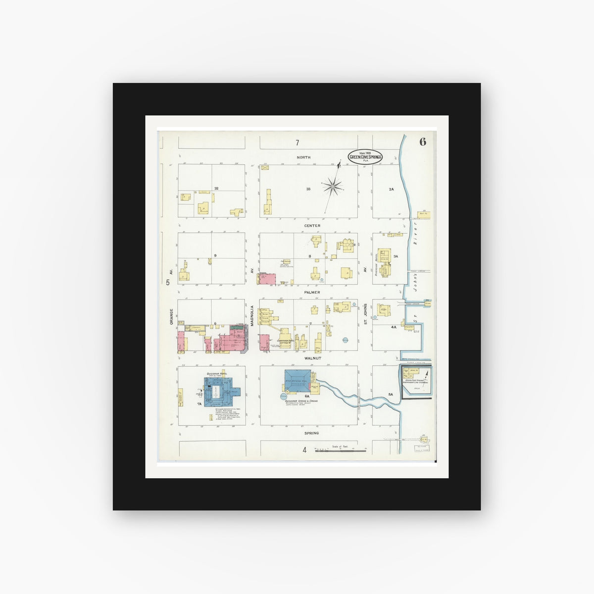Old map wall art mockup — black gallery frame with white mat — Sanborn Fire Insurance Map from Green Cove Springs, Clay County, Florida (1909), Sheet #0006