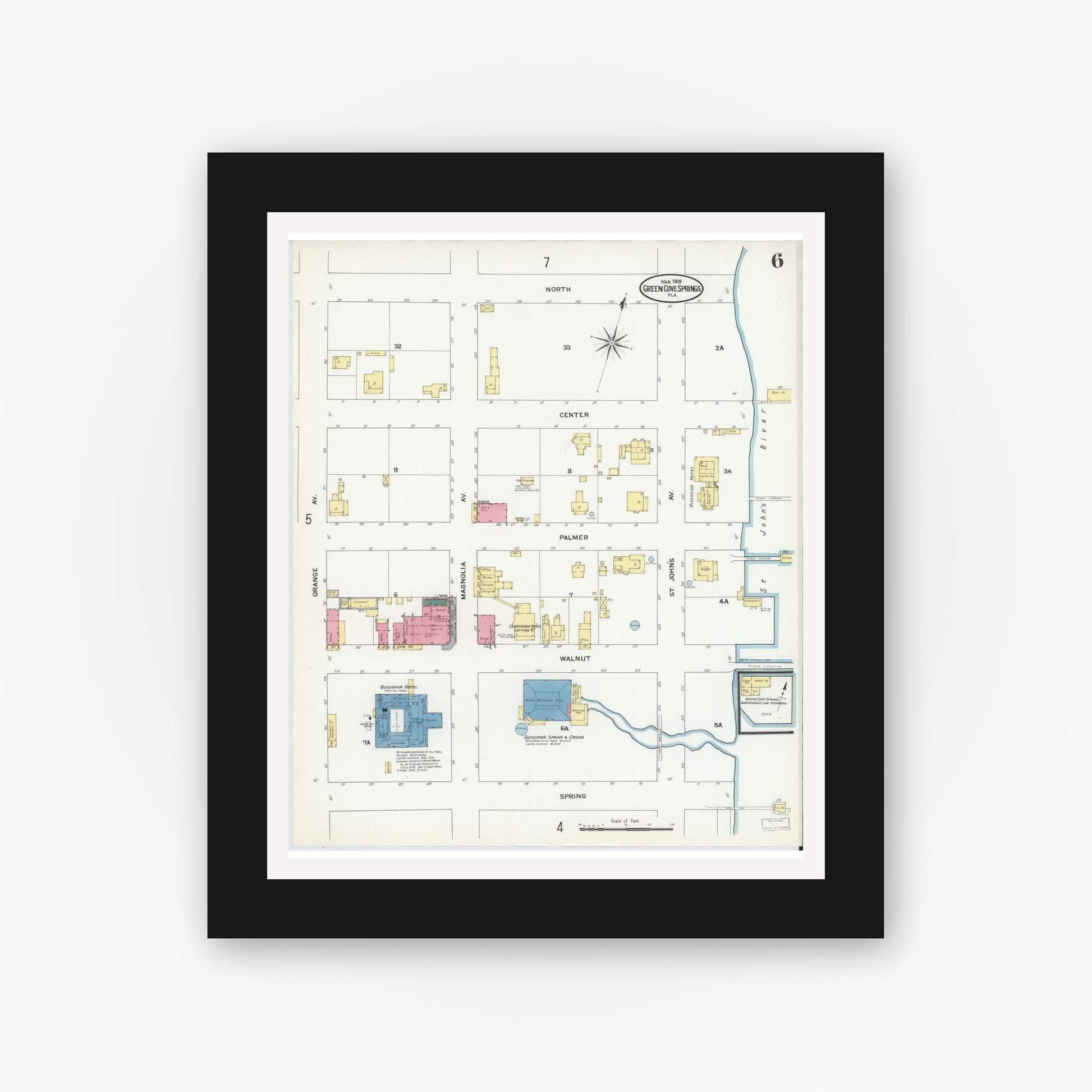 Old map wall art mockup — black gallery frame with white mat — Sanborn Fire Insurance Map from Green Cove Springs, Clay County, Florida (1909), Sheet #0006