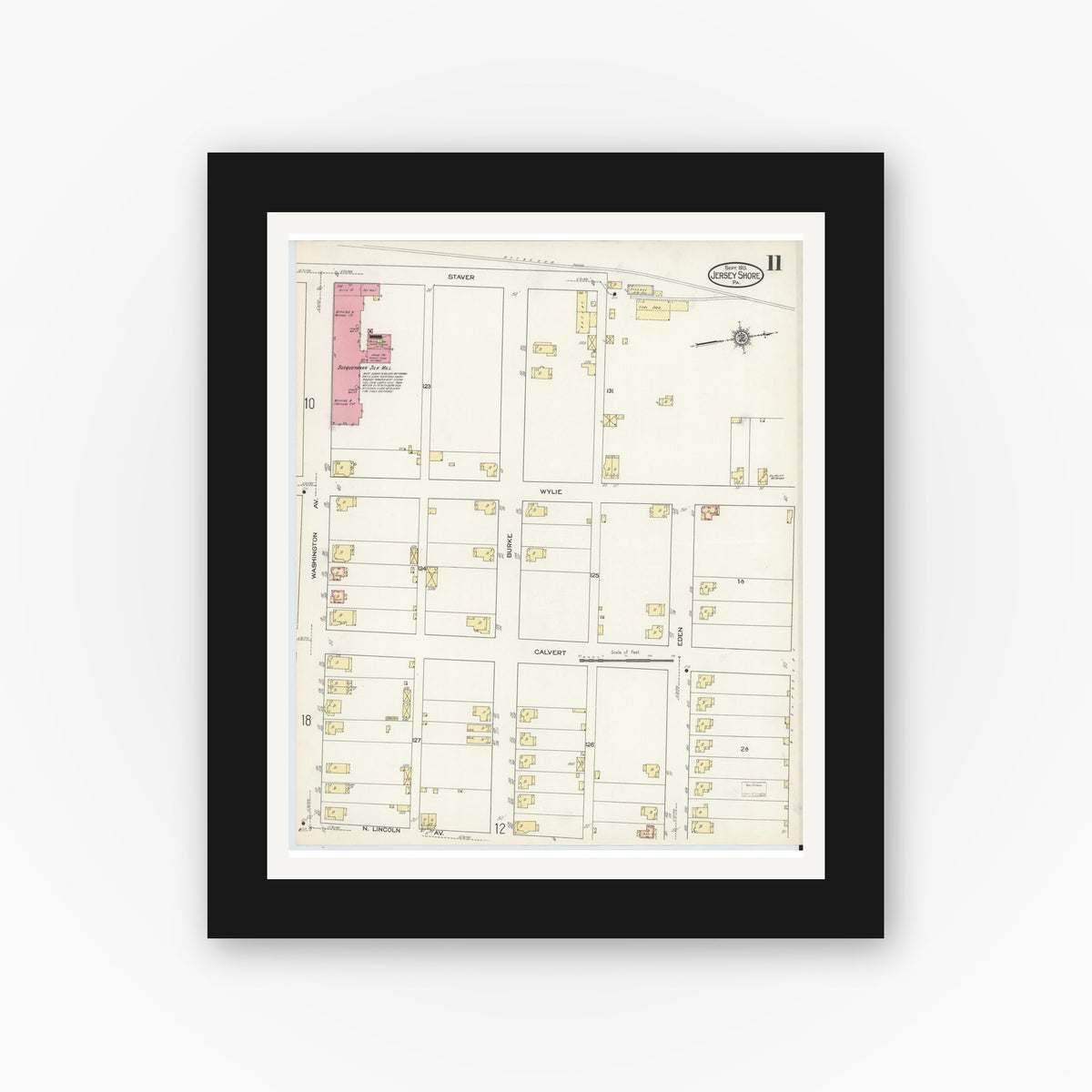 Old map wall art mockup — black gallery frame with white mat — Sanborn Fire Insurance Map from Jersey Shore, Lycoming County, Pennsylvania (1913), Sheet #0011