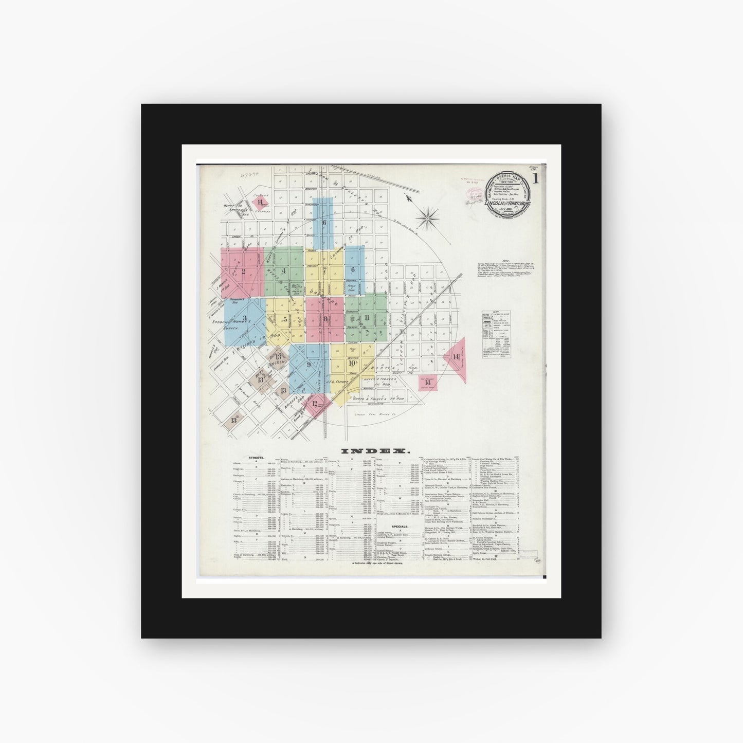 Old map wall art mockup — black gallery frame with white mat — Sanborn Fire Insurance Map from Lincoln, Logan County, Illinois (1896), Sheet #0001