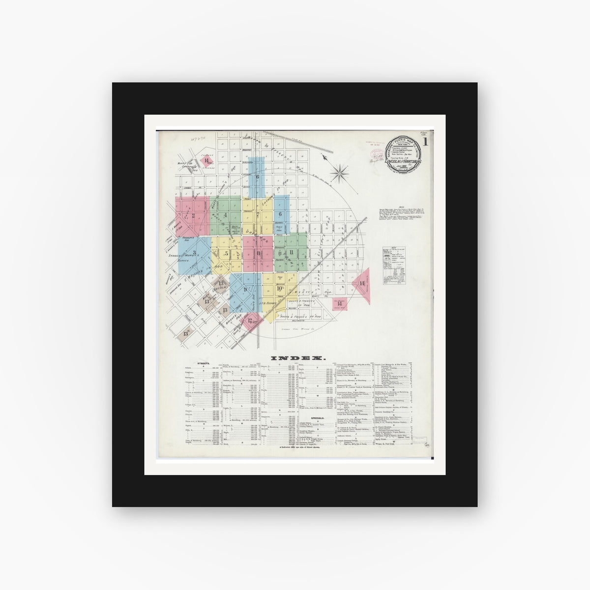 Old map wall art mockup — black gallery frame with white mat — Sanborn Fire Insurance Map from Lincoln, Logan County, Illinois (1896), Sheet #0001