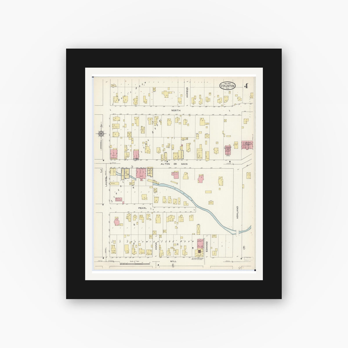Old map wall art mockup — black gallery frame with white mat — Sanborn Fire Insurance Map from Staunton, Macoupin County, Illinois (1913), Sheet #0004