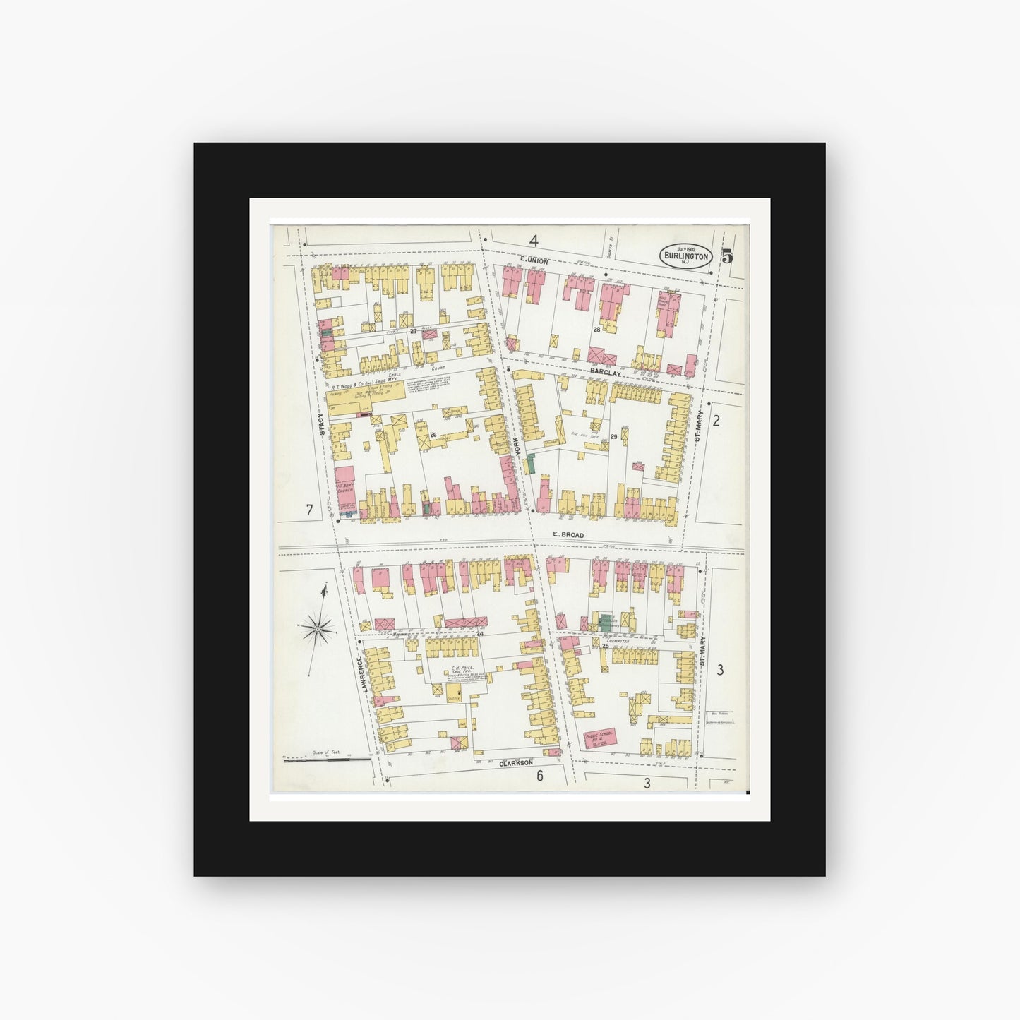 Old map wall art mockup — black gallery frame with white mat — Sanborn Fire Insurance Map from Burlington, Burlington County, New Jersey (1902), Sheet #0005