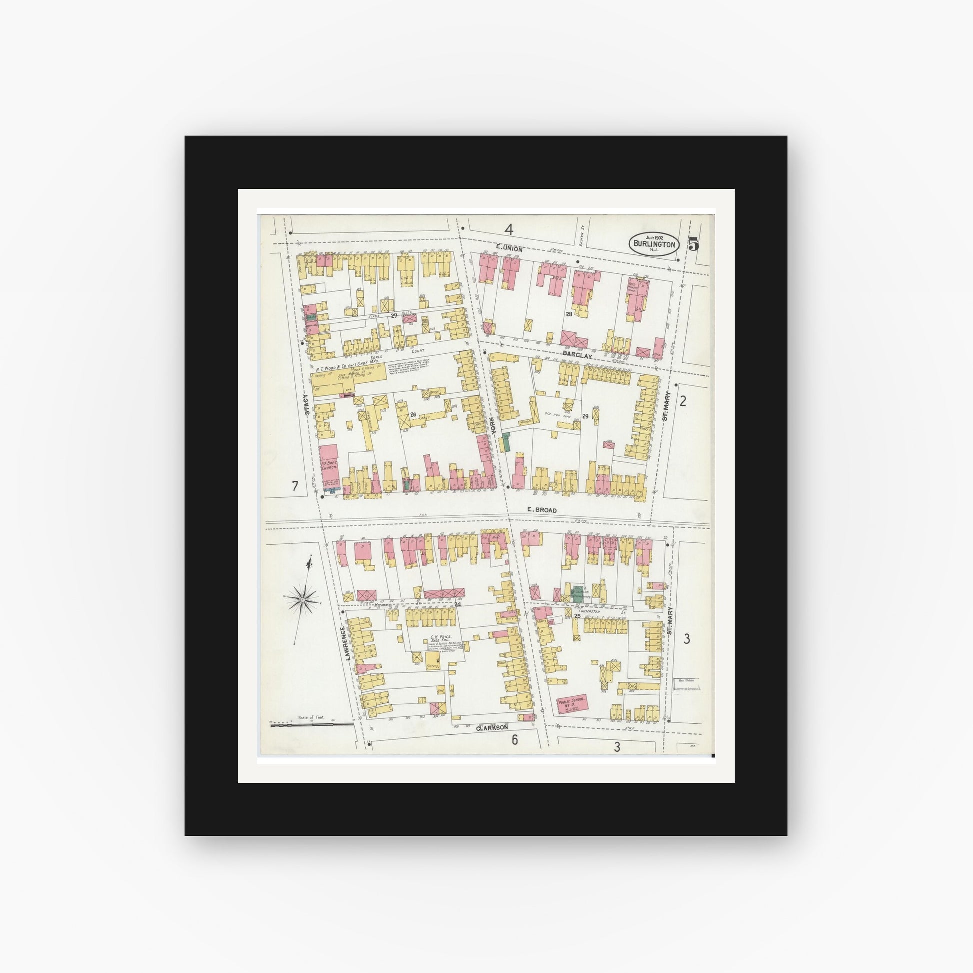Old map wall art mockup — black gallery frame with white mat — Sanborn Fire Insurance Map from Burlington, Burlington County, New Jersey (1902), Sheet #0005