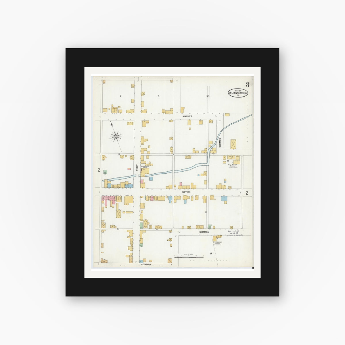 Old map wall art mockup — black gallery frame with white mat — Sanborn Fire Insurance Map from McConnellsburgh, Fulton County, Pennsylvania (1899), Sheet #0003