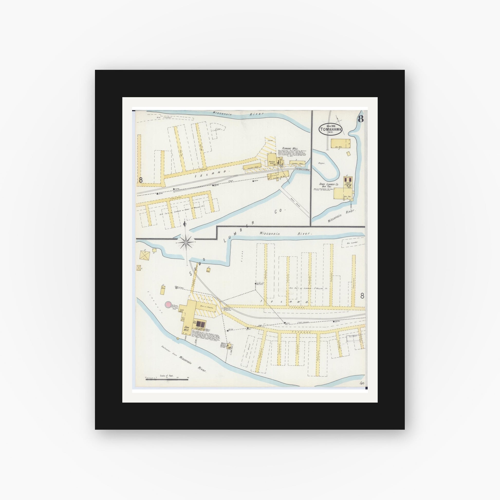 Old map wall art mockup — black gallery frame with white mat — Sanborn Fire Insurance Map from Tomahawk, Lincoln County, Wisconsin (1898), Sheet #0008