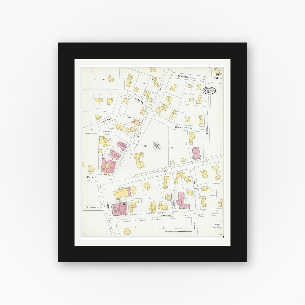Old map wall art mockup — black gallery frame with white mat — Sanborn Fire Insurance Map from Gardner, Worcester County, Massachusetts (1905), Sheet #0007
