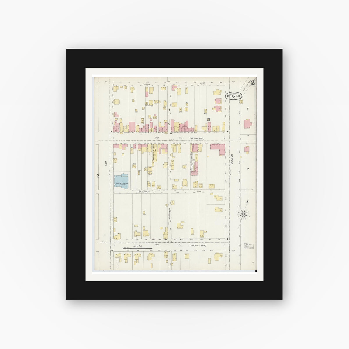 Old map wall art mockup — black gallery frame with white mat — Sanborn Fire Insurance Map from Beaver, Beaver County, Pennsylvania (1896), Sheet #0002