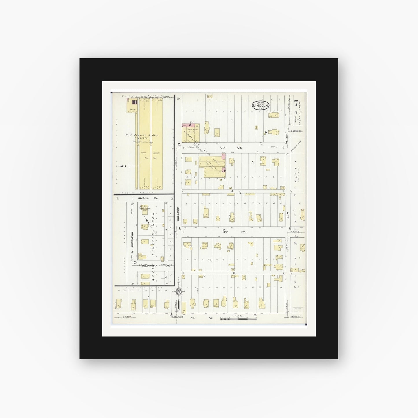 Old map wall art mockup — black gallery frame with white mat — Sanborn Fire Insurance Map from Lincoln, Logan County, Illinois (1914), Sheet #0007