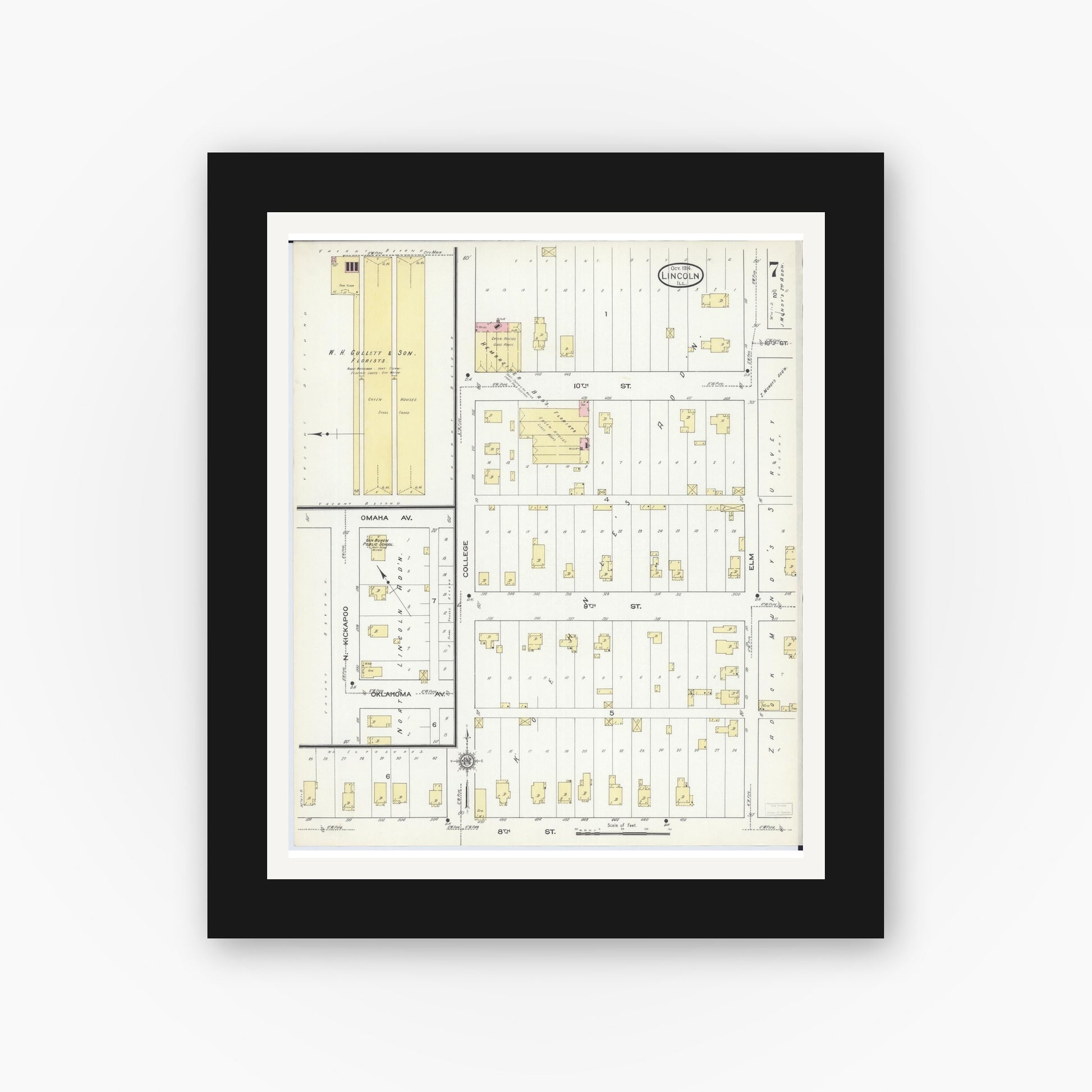 Old map wall art mockup — black gallery frame with white mat — Sanborn Fire Insurance Map from Lincoln, Logan County, Illinois (1914), Sheet #0007