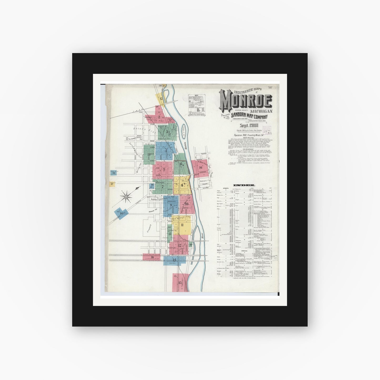 Old map wall art mockup — black gallery frame with white mat — Sanborn Fire Insurance Map from Monroe, Monroe County, Michigan (1908) - Complete Map Set