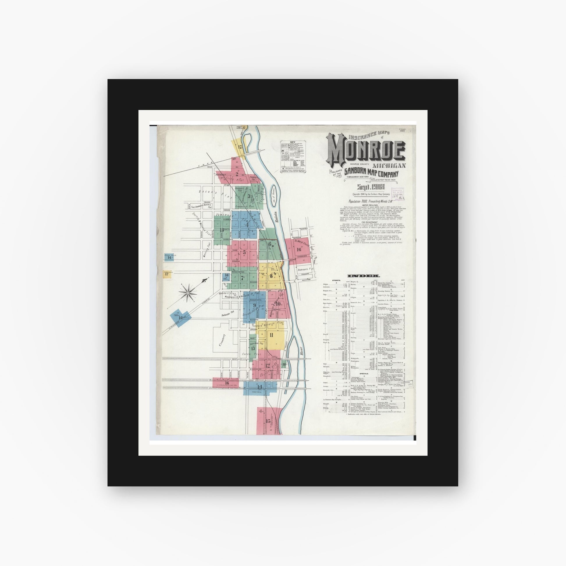 Old map wall art mockup — black gallery frame with white mat — Sanborn Fire Insurance Map from Monroe, Monroe County, Michigan (1908) - Complete Map Set