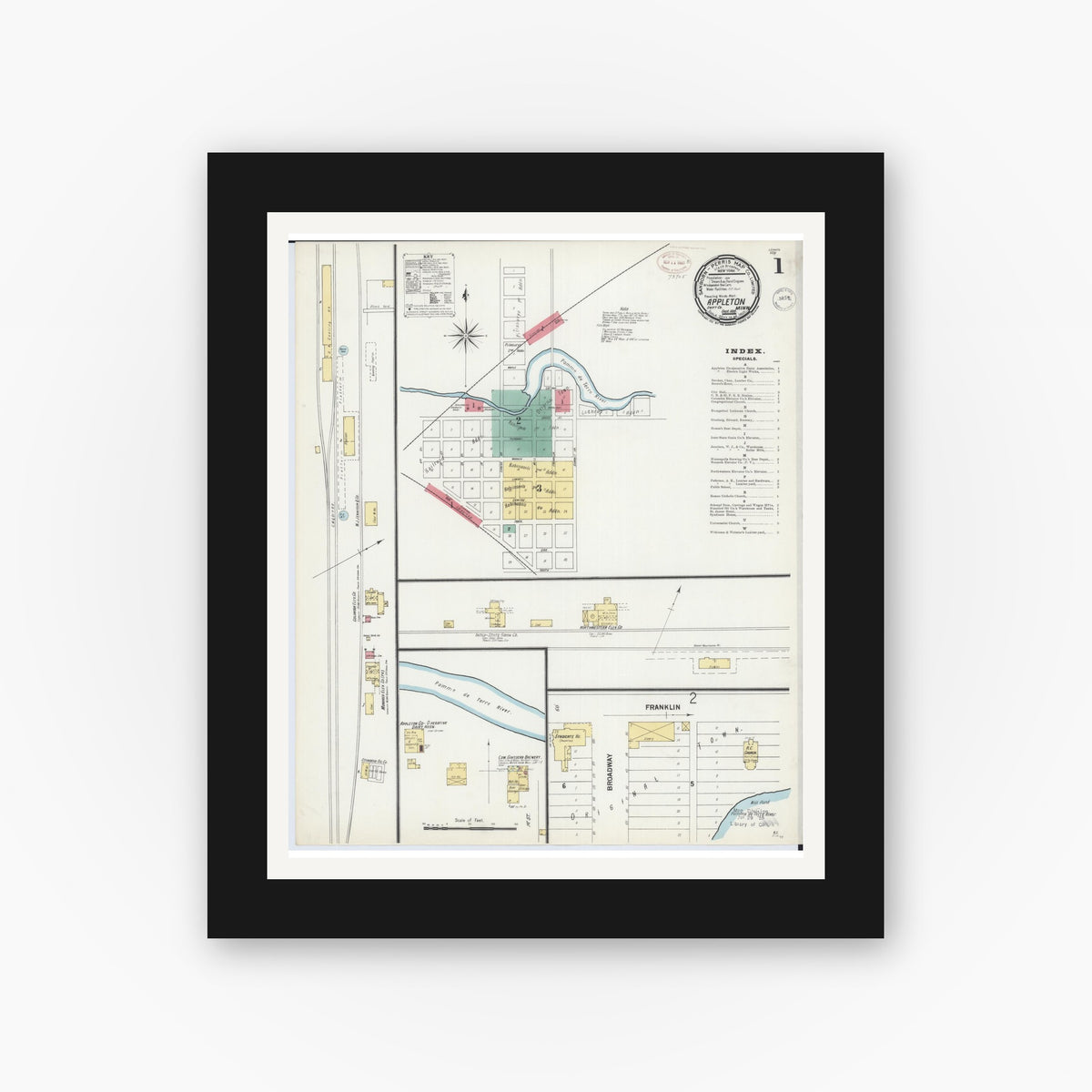 Old map wall art mockup — black gallery frame with white mat — Sanborn Fire Insurance Map from Appleton, Swift County, Minnesota (1899), Sheet #0001