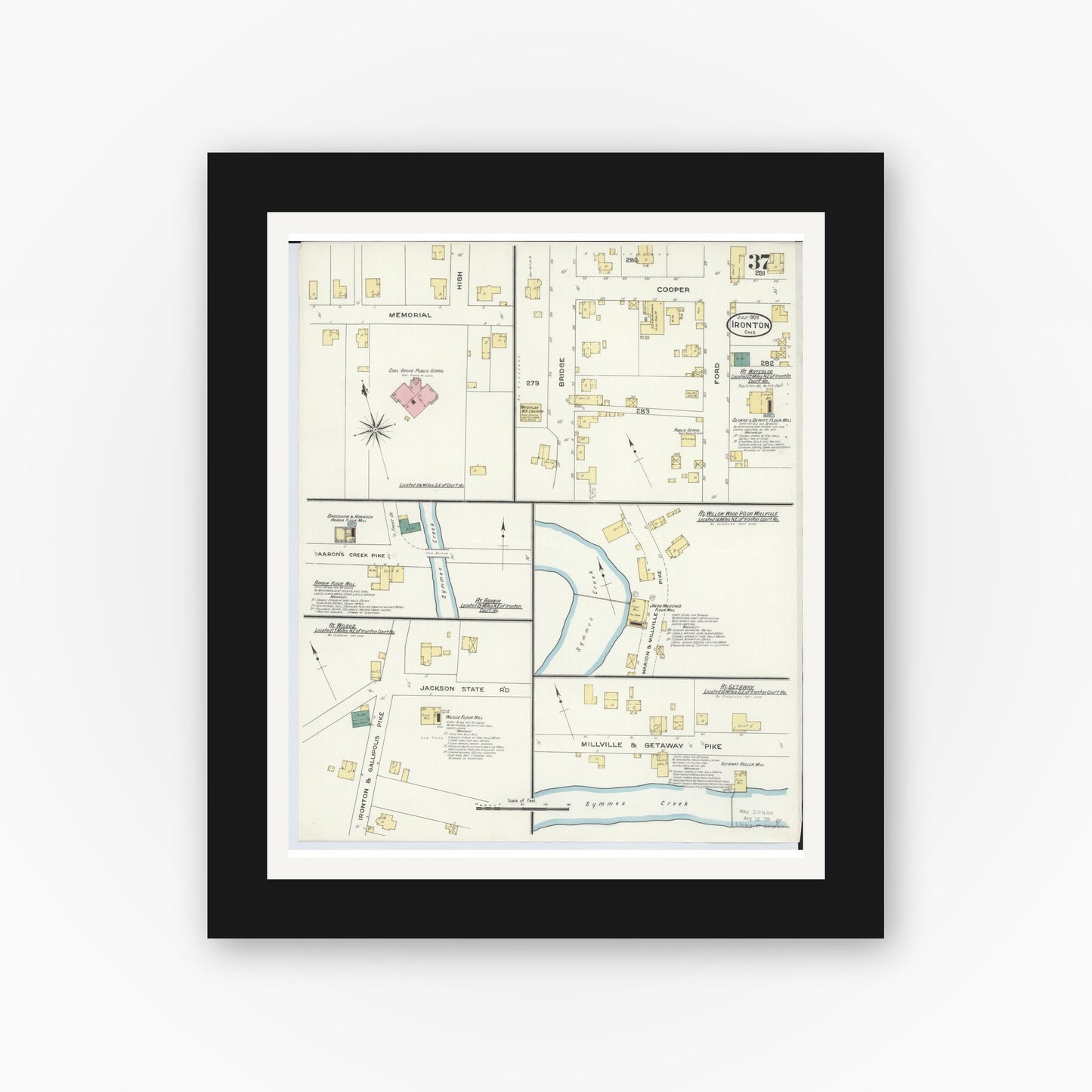 Old map wall art mockup — black gallery frame with white mat — Sanborn Fire Insurance Map from Ironton, Lawrence County, Ohio (1909), Sheet #0037