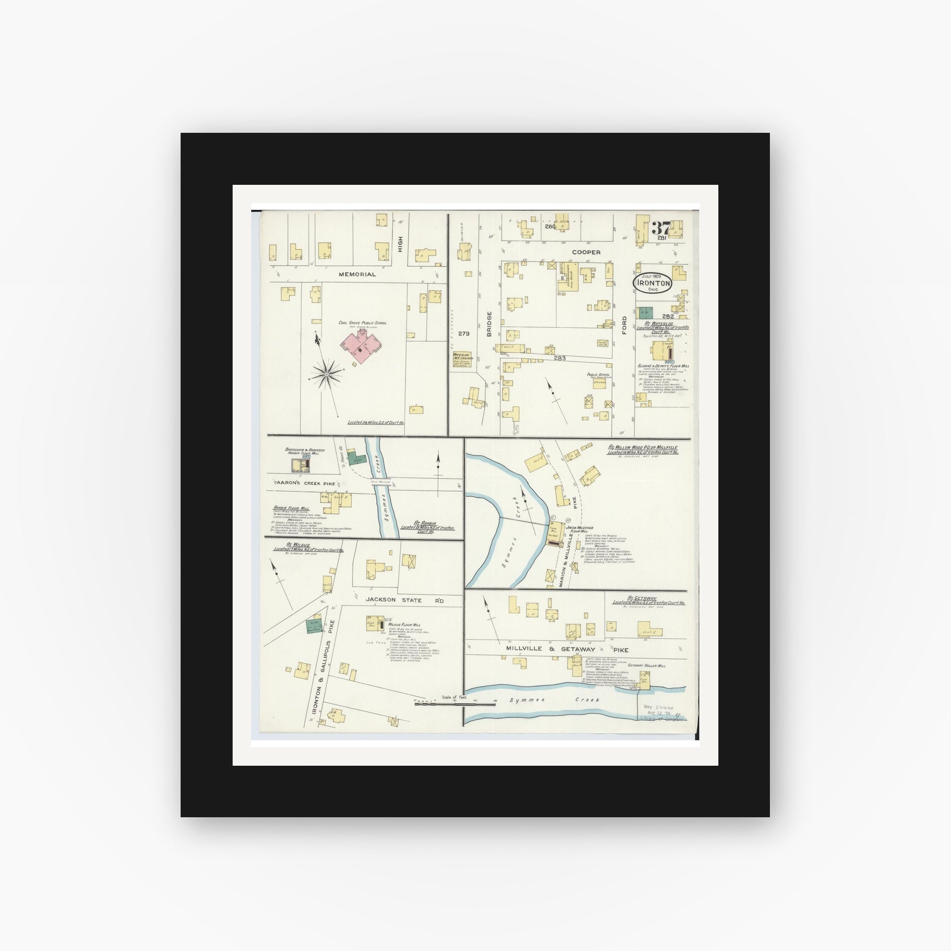 Old map wall art mockup — black gallery frame with white mat — Sanborn Fire Insurance Map from Ironton, Lawrence County, Ohio (1909), Sheet #0037
