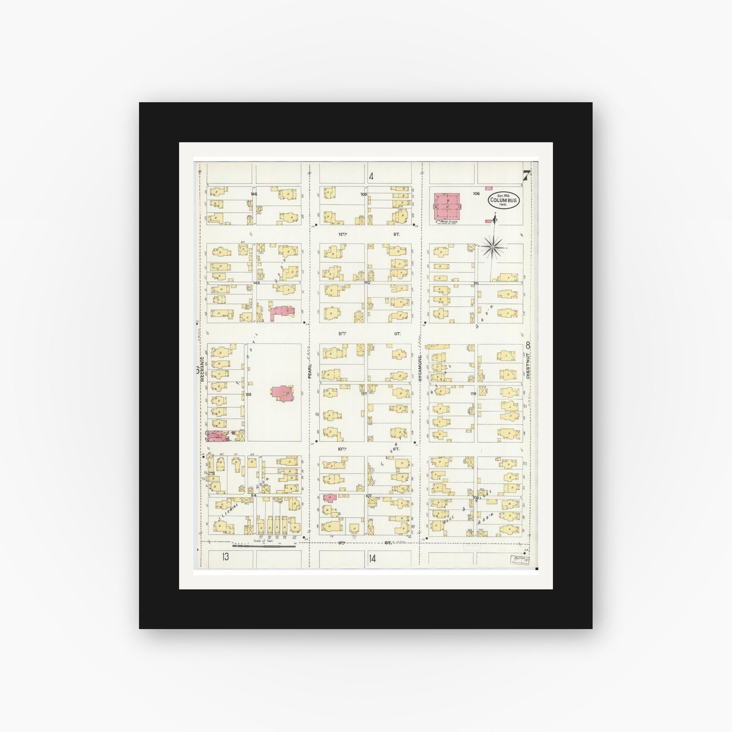 Old map wall art mockup — black gallery frame with white mat — Sanborn Fire Insurance Map from Columbus, Bartholomew County, Indiana (1906), Sheet #0007