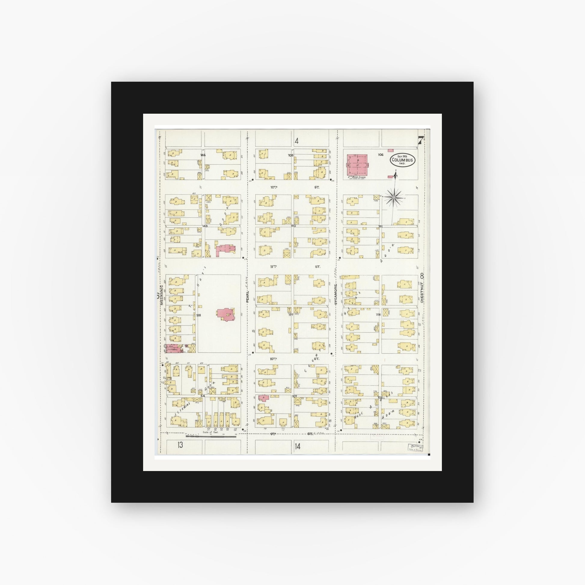Old map wall art mockup — black gallery frame with white mat — Sanborn Fire Insurance Map from Columbus, Bartholomew County, Indiana (1906), Sheet #0007