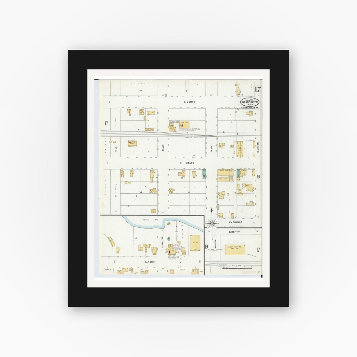 Old map wall art mockup — black gallery frame with white mat — Sanborn Fire Insurance Map from Grand Haven, Ottawa County, Michigan (1906), Sheet #0017